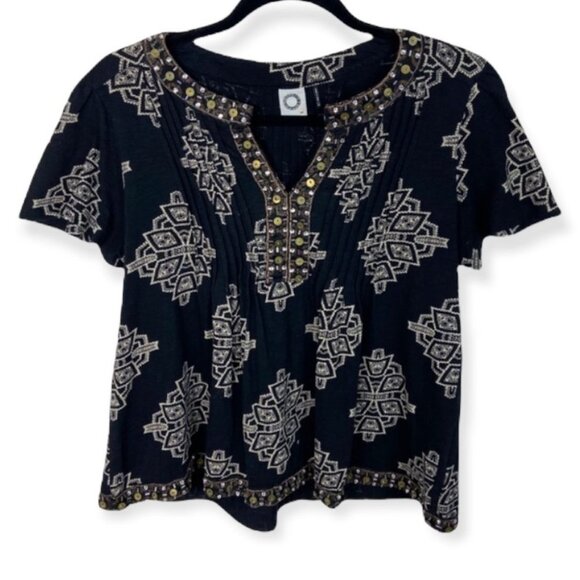 Anthropologie Akemi+Kin Romy Block Printed Top Size XS‎ Black Beaded Blouse Boho - Picture 2 of 8
